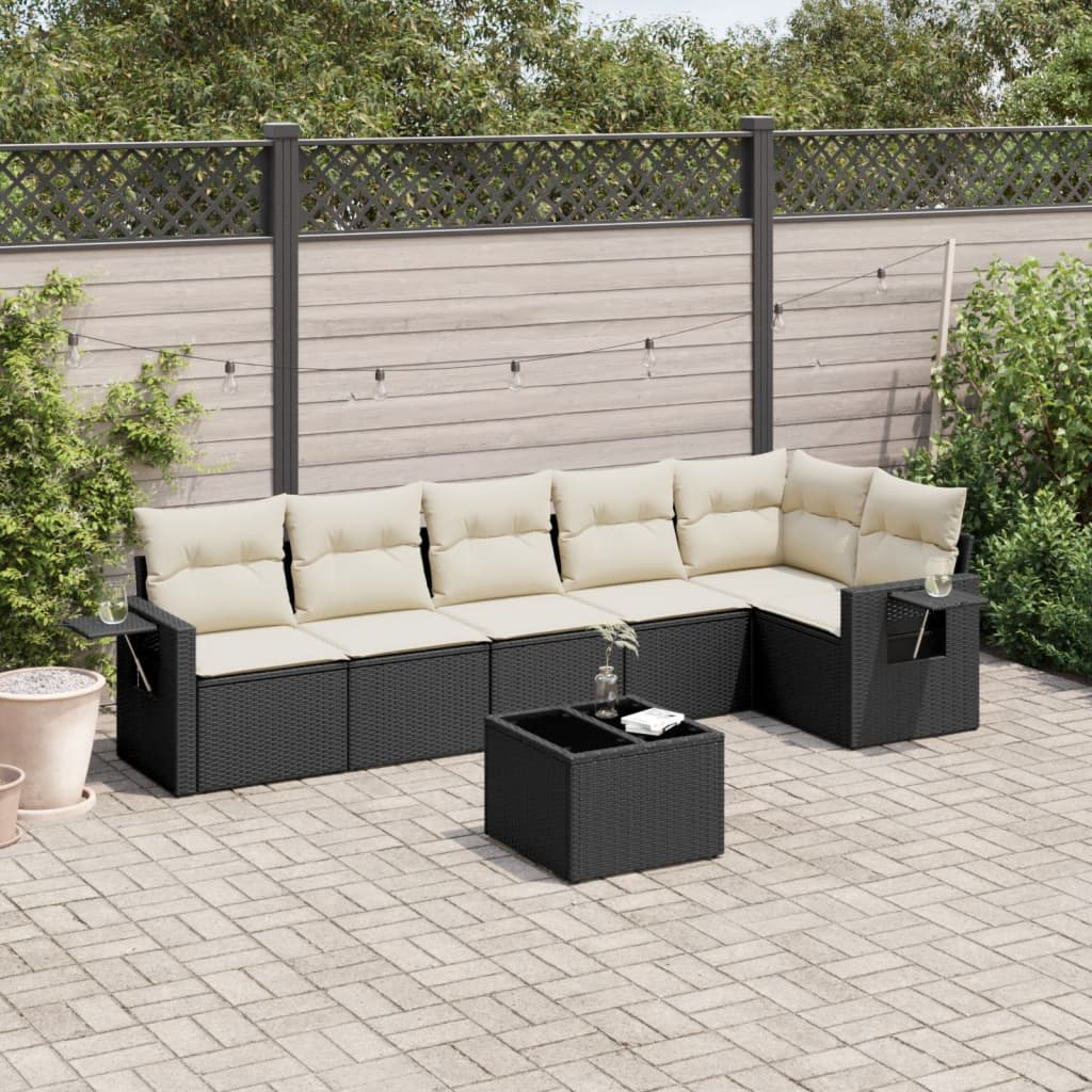 7 Pcs conjunto de sofás p/ jardim c/ almofadões vime PE preto