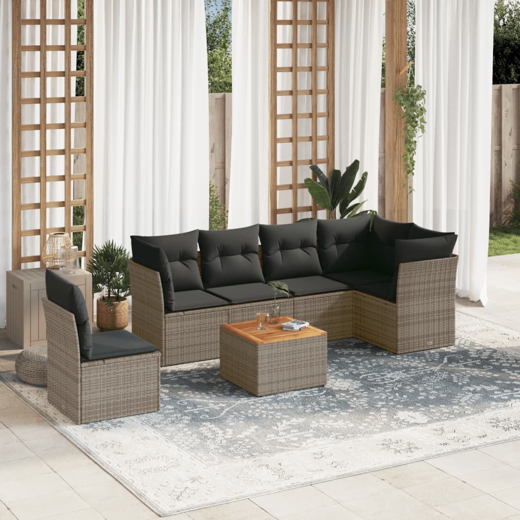 7 Pcs conjunto sofás p/ jardim c/ almofadões vime PE cinzento