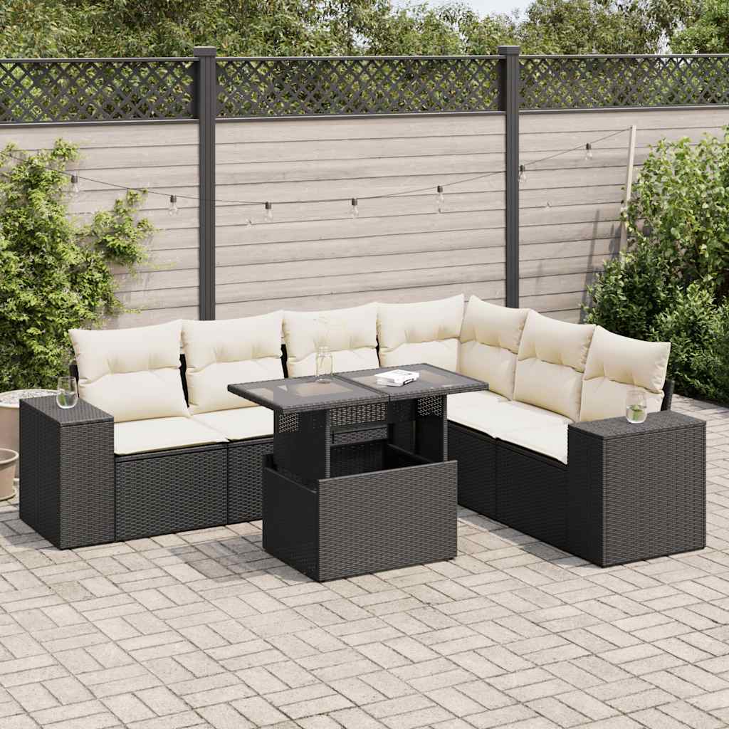 7 Pcs conjunto de sofás p/ jardim c/ almofadões vime PE preto