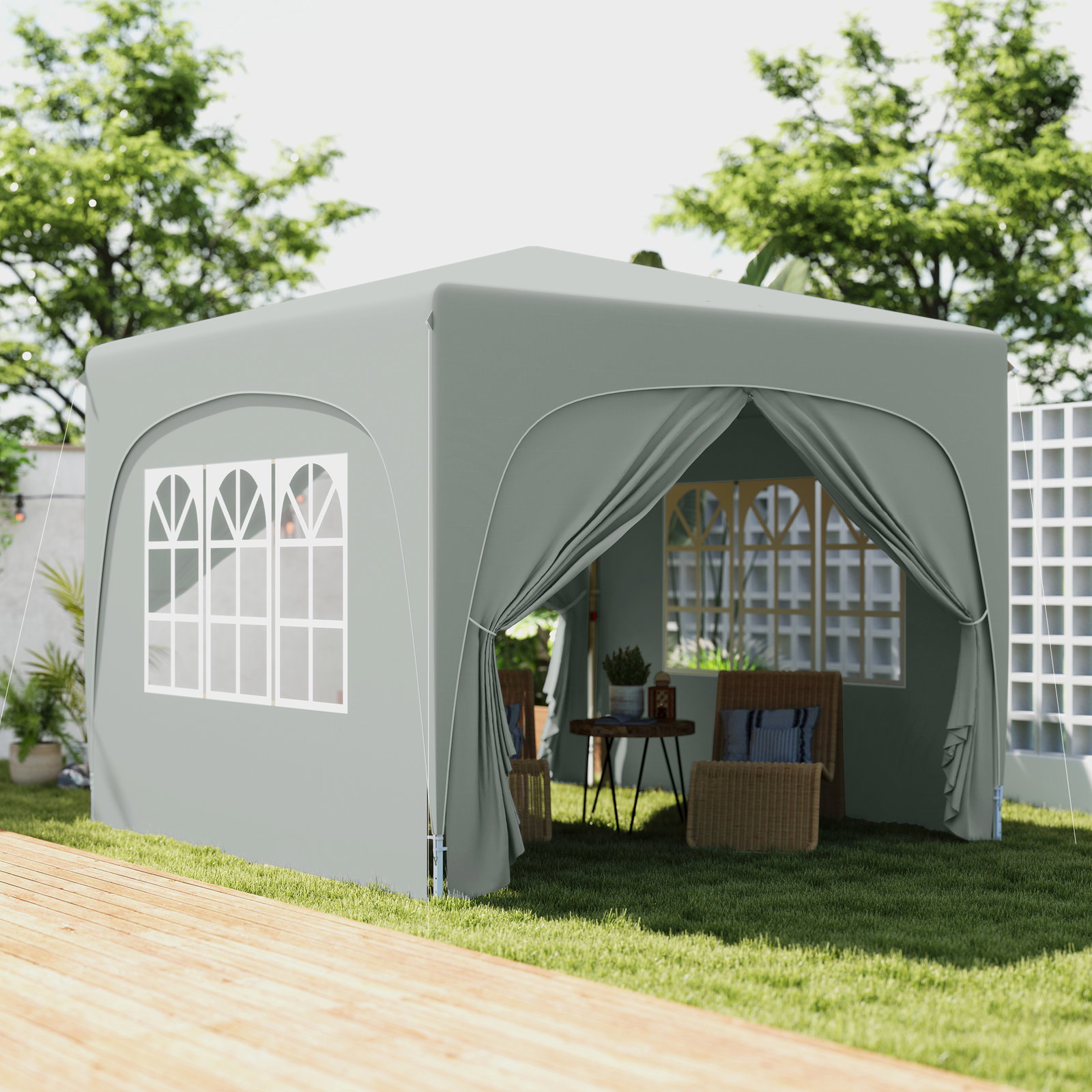 Tenda dobrável 3x3 m com painéis laterais upf50+ tenda de jardim com altura ajustável e bolsa de transporte cinza claro