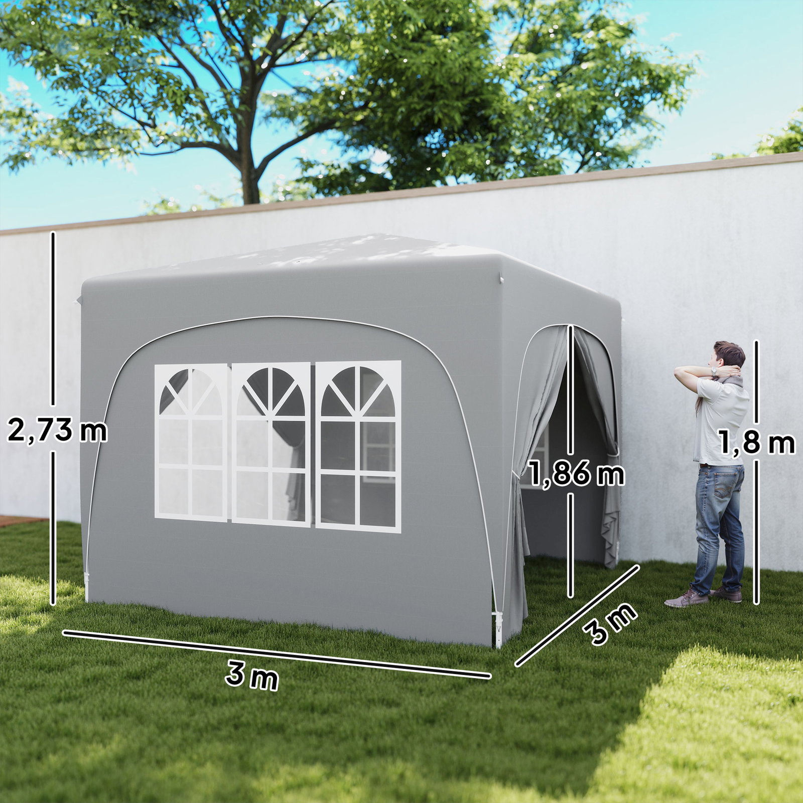 Tenda dobrável 3x3 m com painéis laterais upf50+ tenda de jardim com altura ajustável e bolsa de transporte cinza claro