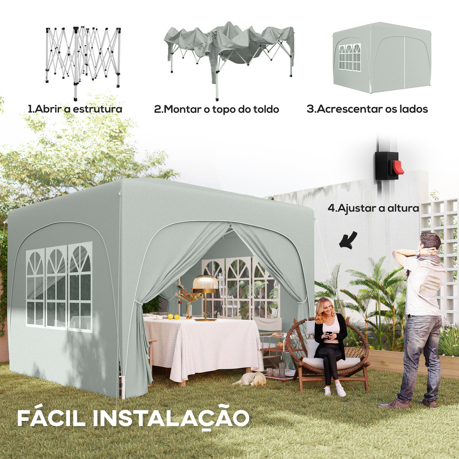 Tenda dobrável 3x3 m com painéis laterais upf50+ tenda de jardim com altura ajustável e bolsa de transporte cinza claro