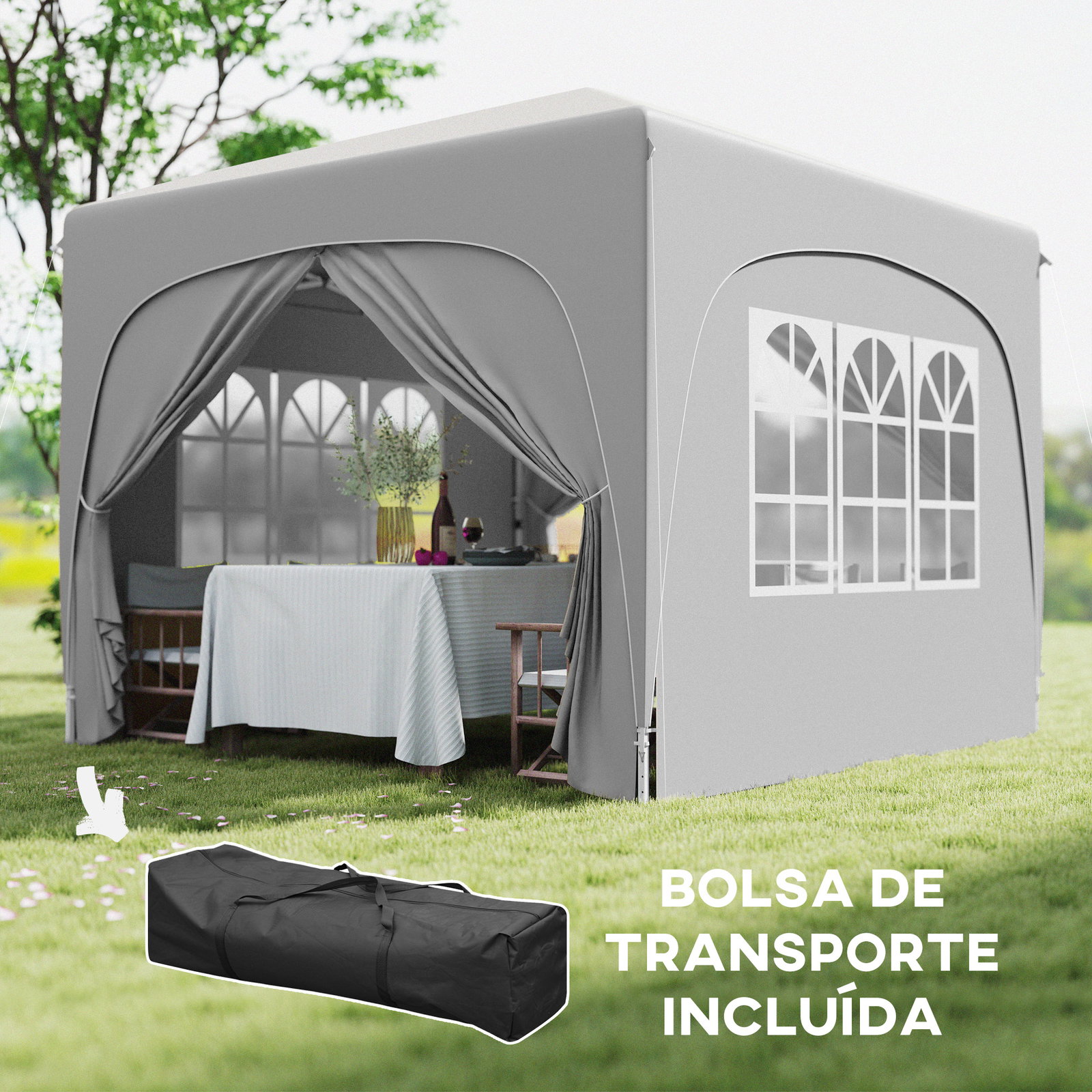 Tenda dobrável 3x3 m com painéis laterais upf50+ tenda de jardim com altura ajustável e bolsa de transporte cinza claro