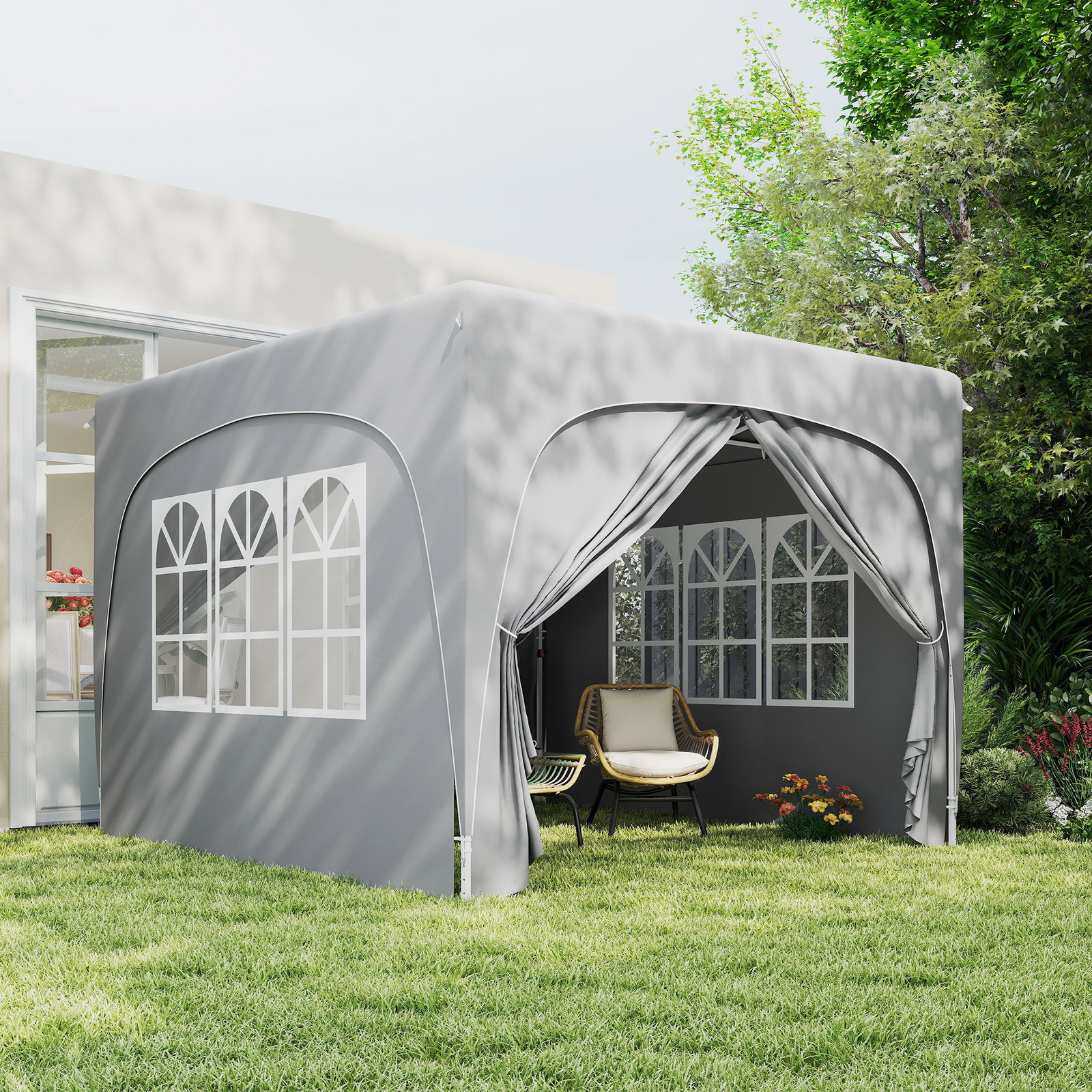 Tenda dobrável 3x3 m com painéis laterais upf50+ tenda de jardim com altura ajustável e bolsa de transporte cinza claro
