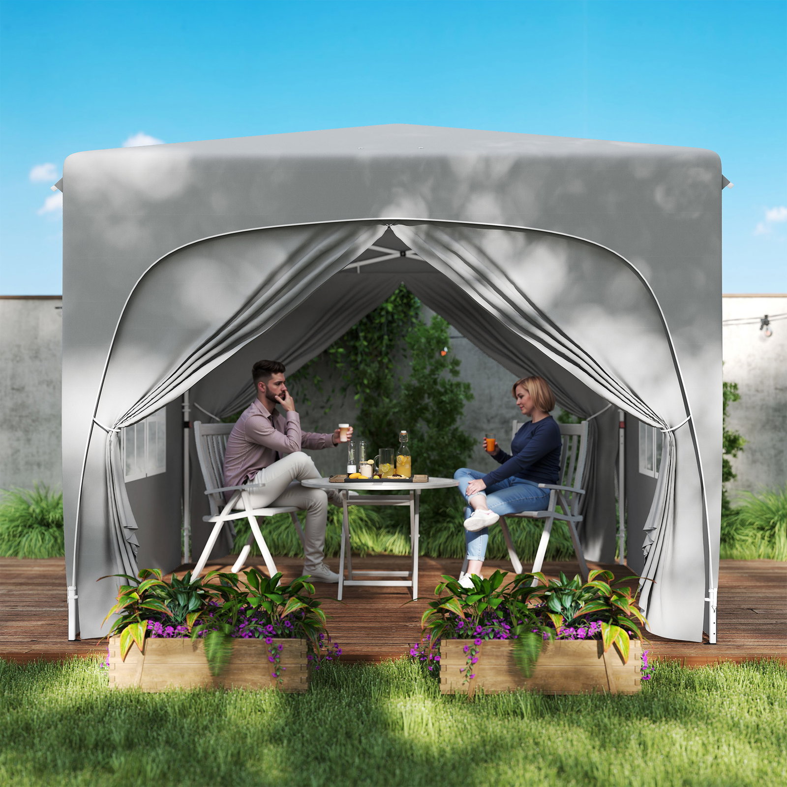 Tenda dobrável 3x3 m com painéis laterais upf50+ tenda de jardim com altura ajustável e bolsa de transporte cinza claro