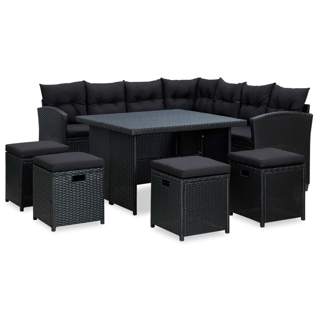 6 Pcs conjunto lounge de jardim c/ almofadões vime PE preto