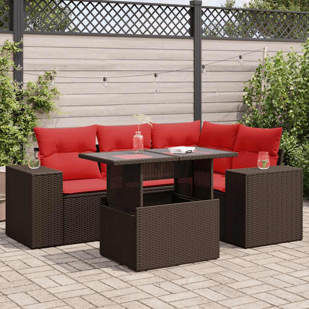 5 Pcs conj. sofás jardim c/ almofadões vime PE/acácia castanho