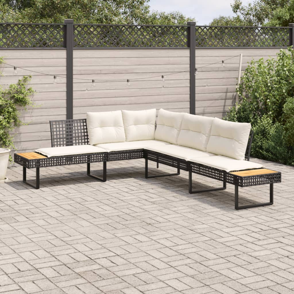 Sofá de jardim em forma de l c/ almofadões vime PE/acácia preto