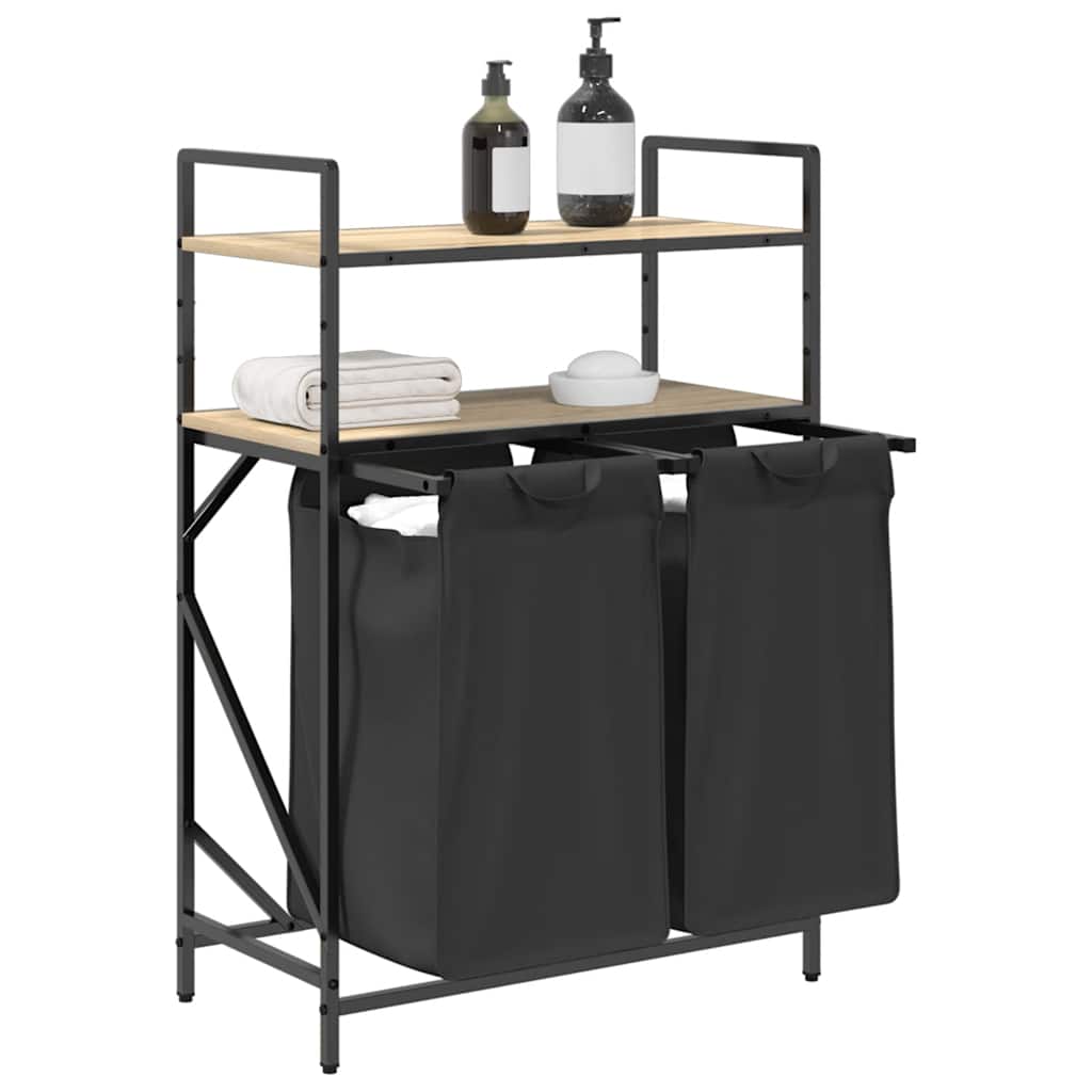 Cesto de roupa suja com 2 compartimentos e prateleiras, cor carvalho sonoma