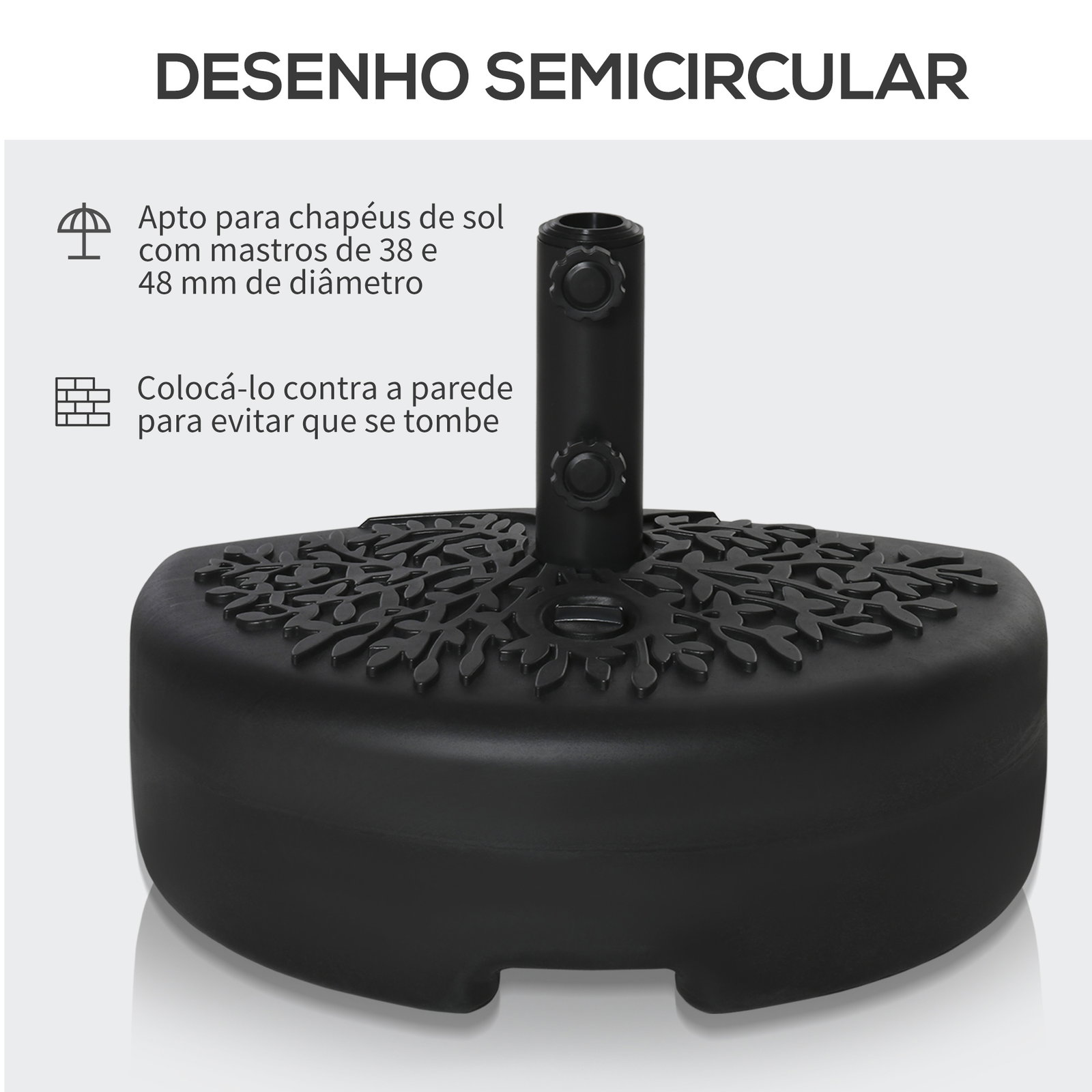 Base de parede para chapéu de sol suporte semicircular para chapéu de sol preenchido com areia 21kg ou água 18kg para jardim pátio terraço exterior 50x31x18cm preto