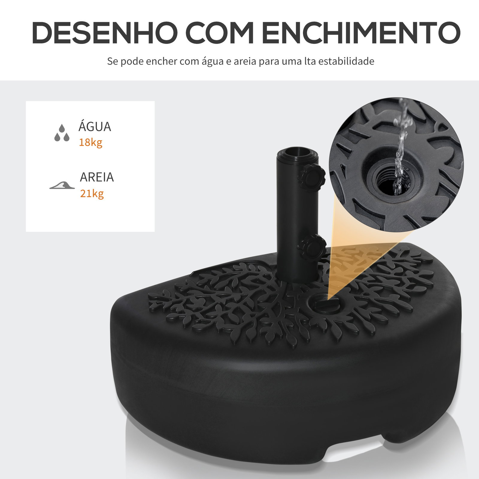 Base de parede para chapéu de sol suporte semicircular para chapéu de sol preenchido com areia 21kg ou água 18kg para jardim pátio terraço exterior 50x31x18cm preto