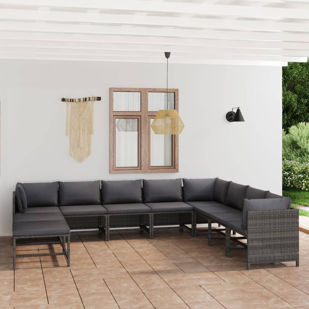 11 Pcs conjunto lounge de jardim c/ almofadões vime PE cinzento