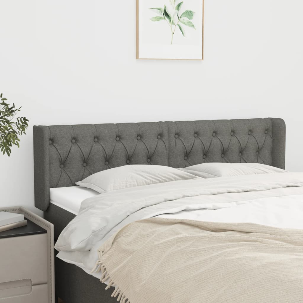 Cabeceira de cama c/ abas tecido 147x16x78/88cm cinzento-escuro