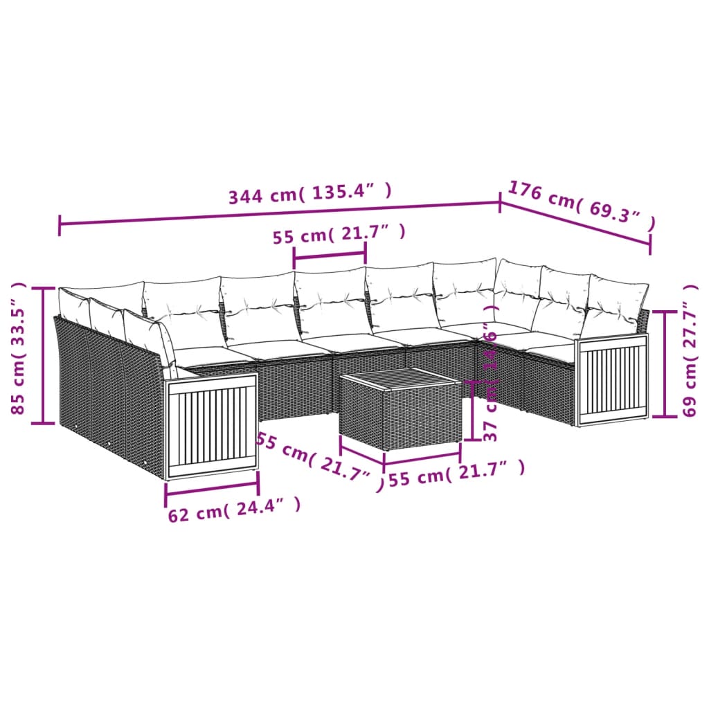 11 Pcs conjunto sofás de jardim c/ almofadões vime PE preto