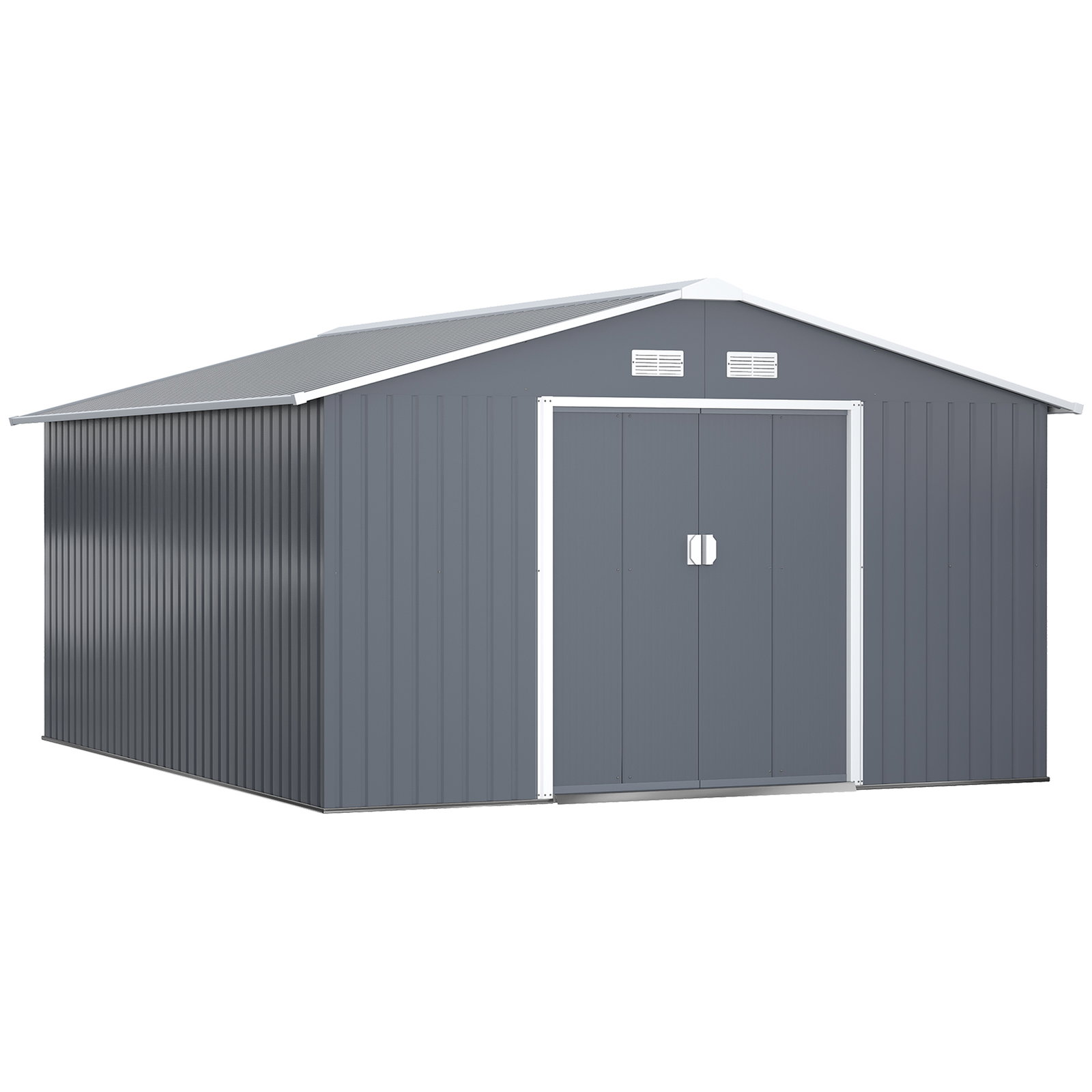Abrigo de jardim metálico 340x386x200cm abrigo de exterior para armazenamento de ferramentas com base incluida 4 janelas de ventilação e porta corredeira cinza