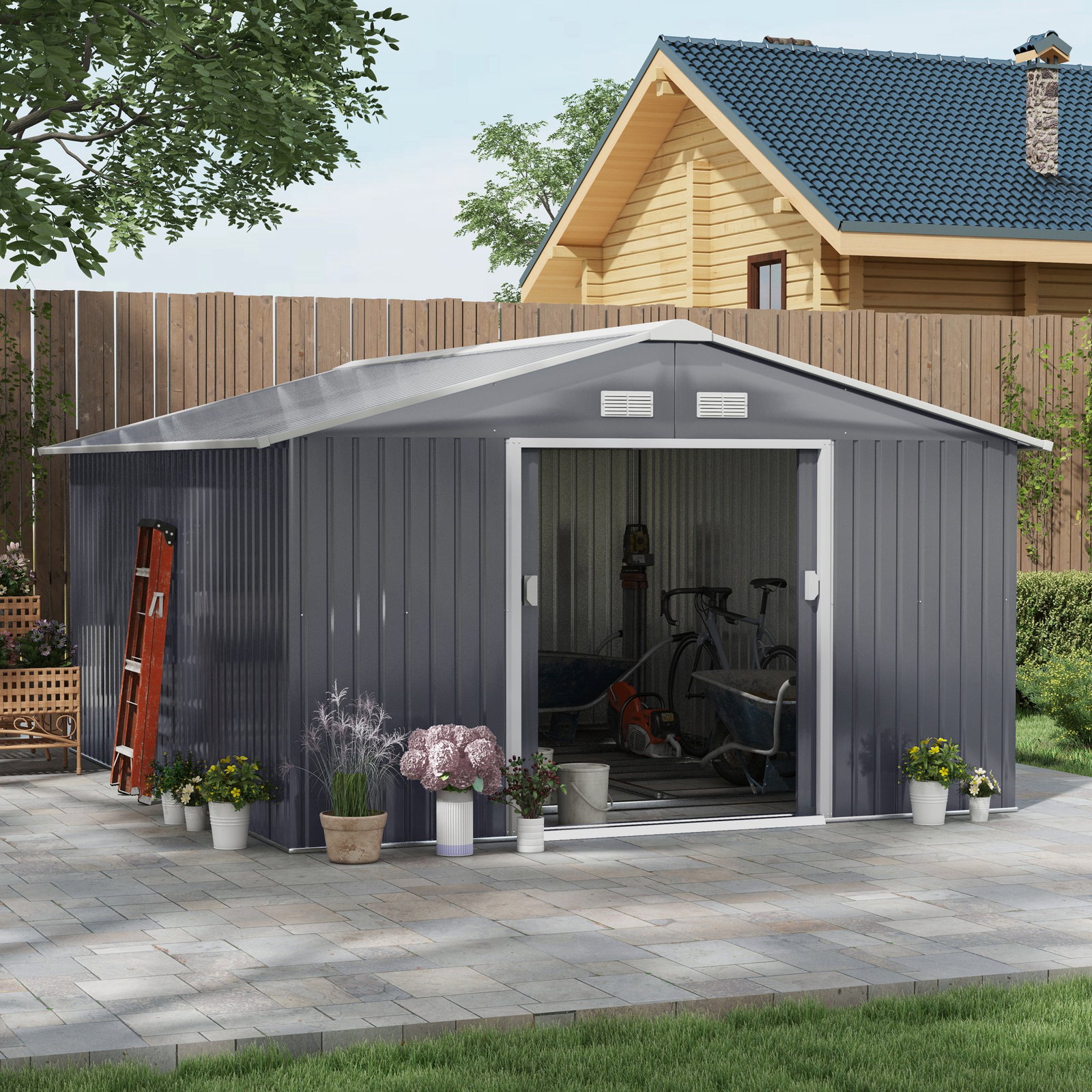 Abrigo de jardim metálico 340x386x200cm abrigo de exterior para armazenamento de ferramentas com base incluida 4 janelas de ventilação e porta corredeira cinza