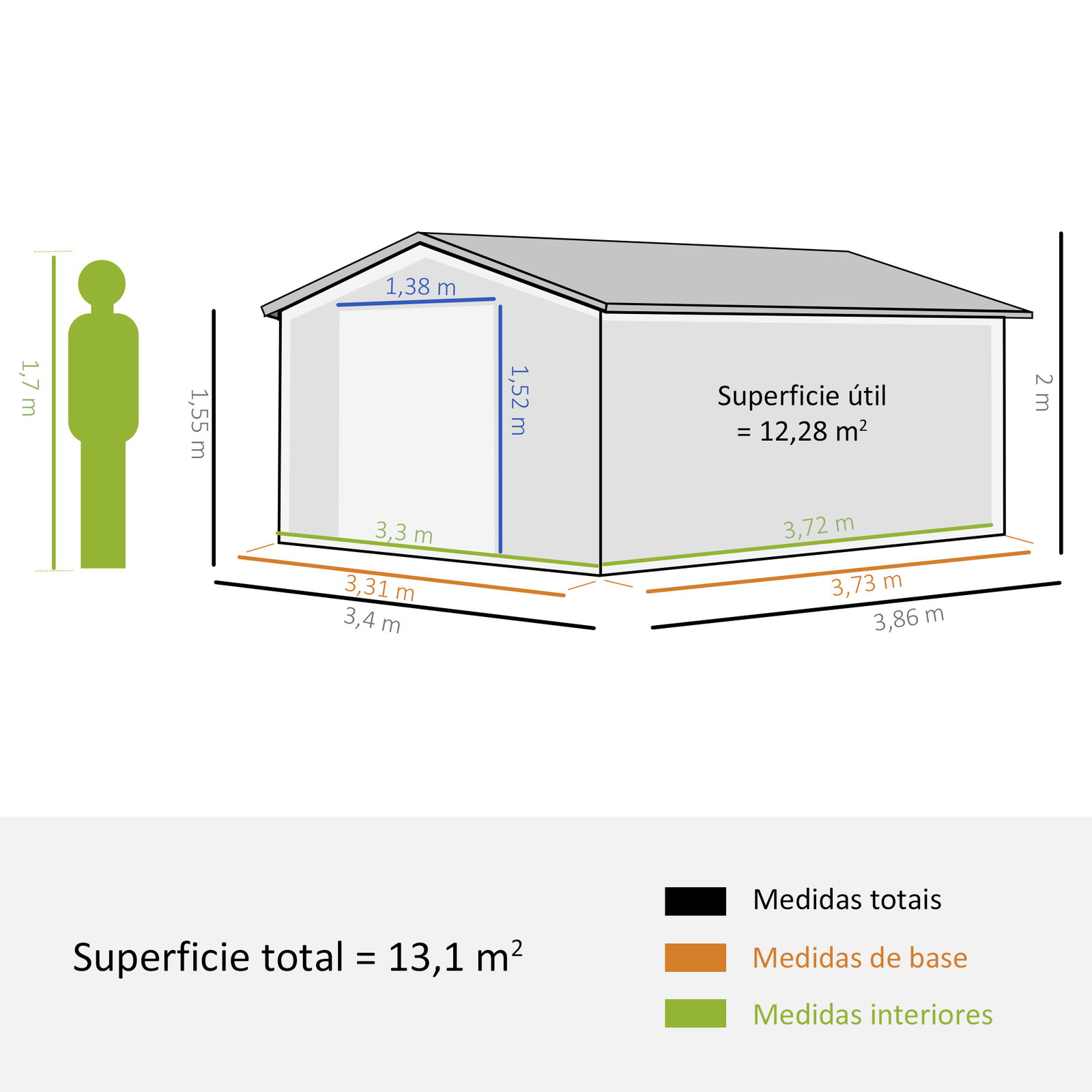 Abrigo de jardim metálico 340x386x200cm abrigo de exterior para armazenamento de ferramentas com base incluida 4 janelas de ventilação e porta corredeira cinza