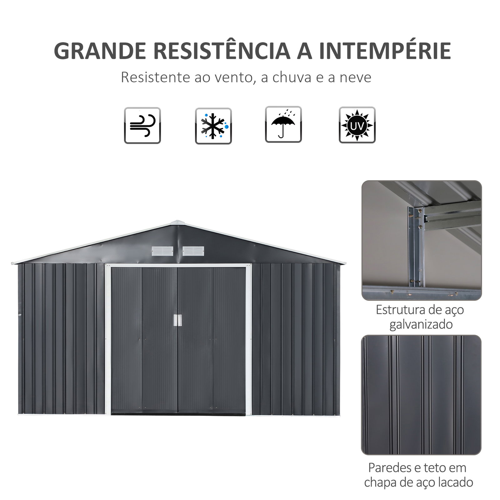 Abrigo de jardim metálico 340x386x200cm abrigo de exterior para armazenamento de ferramentas com base incluida 4 janelas de ventilação e porta corredeira cinza
