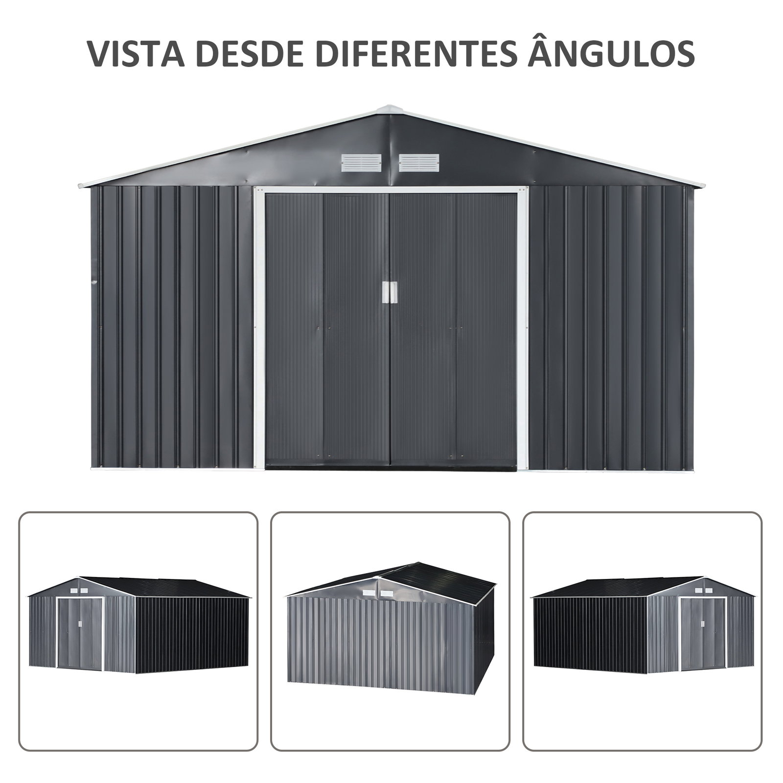 Abrigo de jardim metálico 340x386x200cm abrigo de exterior para armazenamento de ferramentas com base incluida 4 janelas de ventilação e porta corredeira cinza