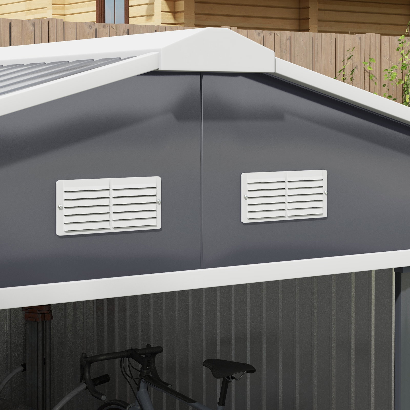 Abrigo de jardim metálico 340x386x200cm abrigo de exterior para armazenamento de ferramentas com base incluida 4 janelas de ventilação e porta corredeira cinza