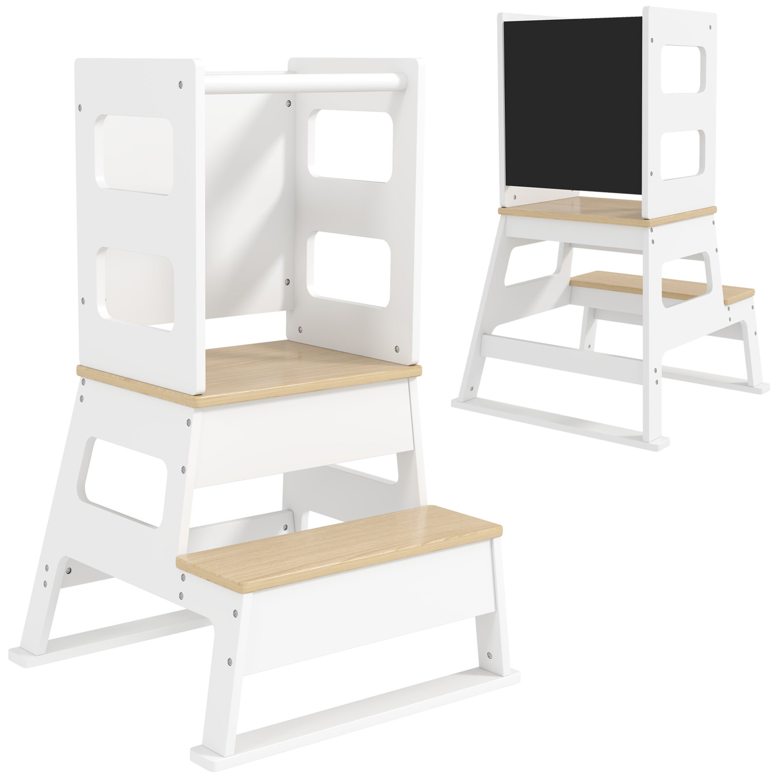 Torre de aprendizagem para crianças dos 3-6 anos com quadro e grade de segurança para cozinha e casa de banho 55x52,5x87,5 cm branco