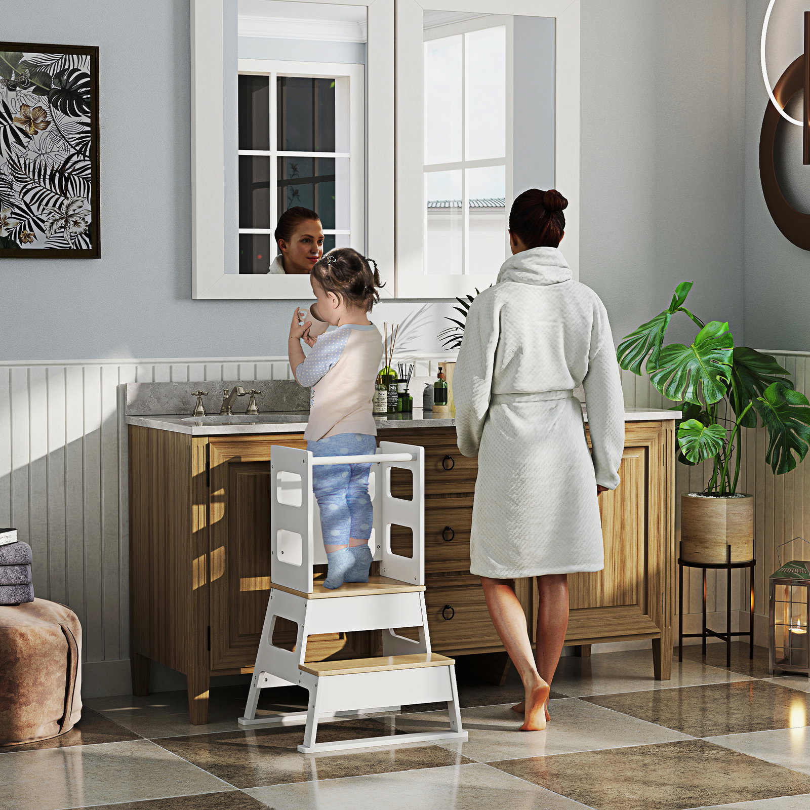 Torre de aprendizagem para crianças dos 3-6 anos com quadro e grade de segurança para cozinha e casa de banho 55x52,5x87,5 cm branco