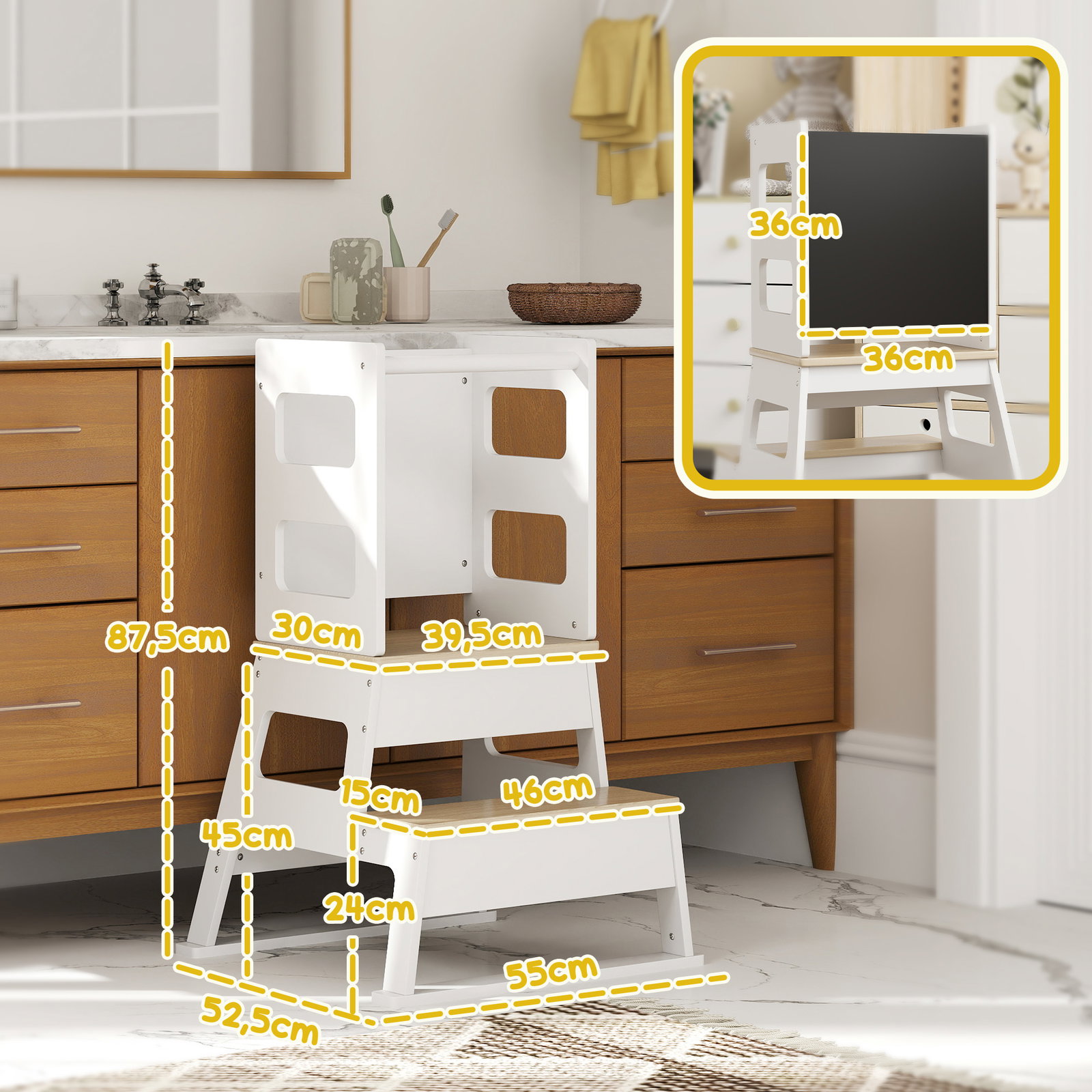 Torre de aprendizagem para crianças dos 3-6 anos com quadro e grade de segurança para cozinha e casa de banho 55x52,5x87,5 cm branco