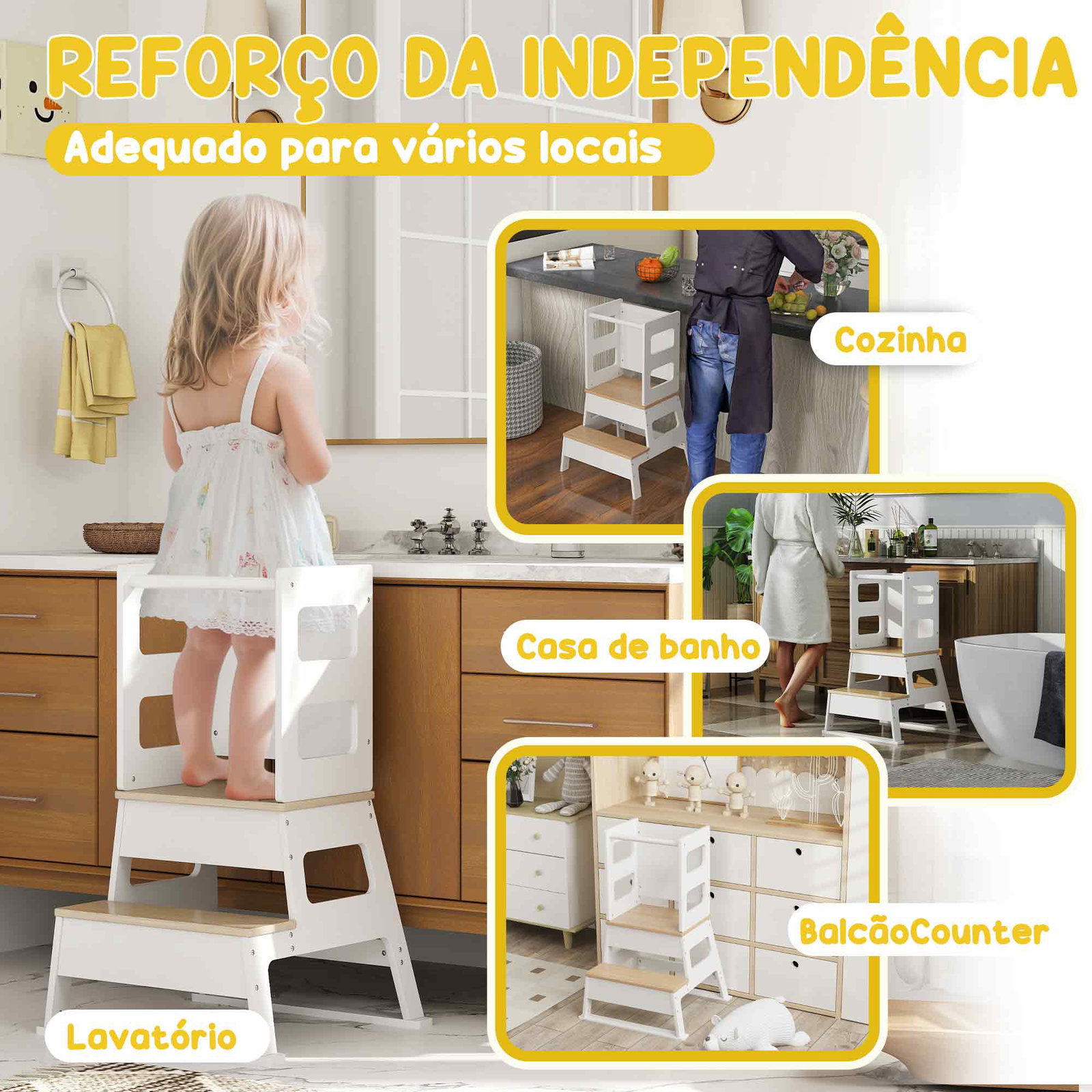 Torre de aprendizagem para crianças dos 3-6 anos com quadro e grade de segurança para cozinha e casa de banho 55x52,5x87,5 cm branco