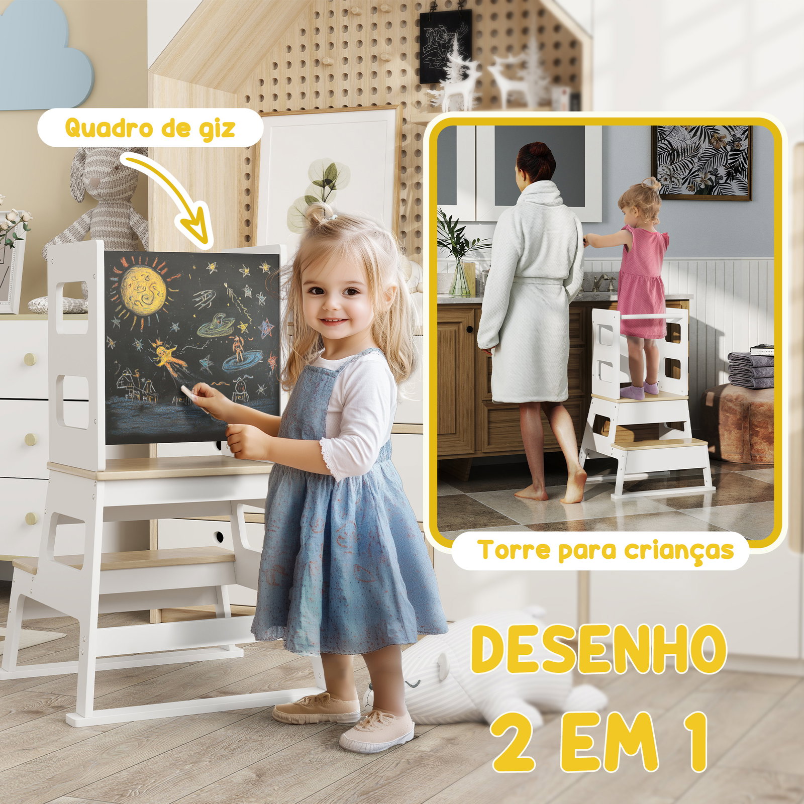 Torre de aprendizagem para crianças dos 3-6 anos com quadro e grade de segurança para cozinha e casa de banho 55x52,5x87,5 cm branco