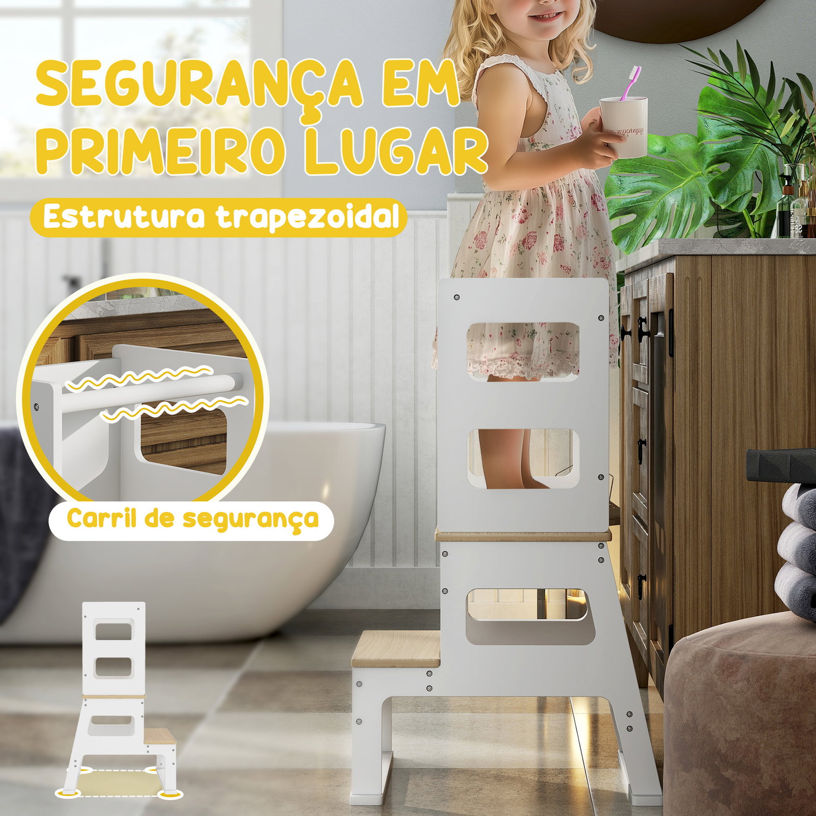 Torre de aprendizagem para crianças dos 3-6 anos com quadro e grade de segurança para cozinha e casa de banho 55x52,5x87,5 cm branco