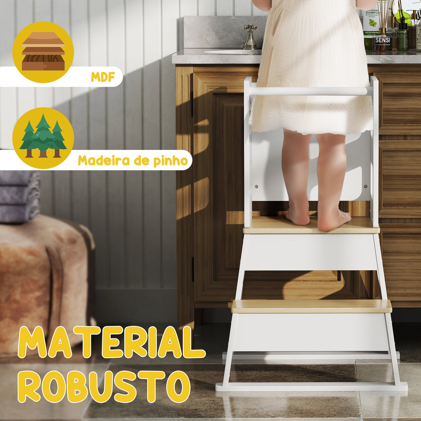 Torre de aprendizagem para crianças dos 3-6 anos com quadro e grade de segurança para cozinha e casa de banho 55x52,5x87,5 cm branco
