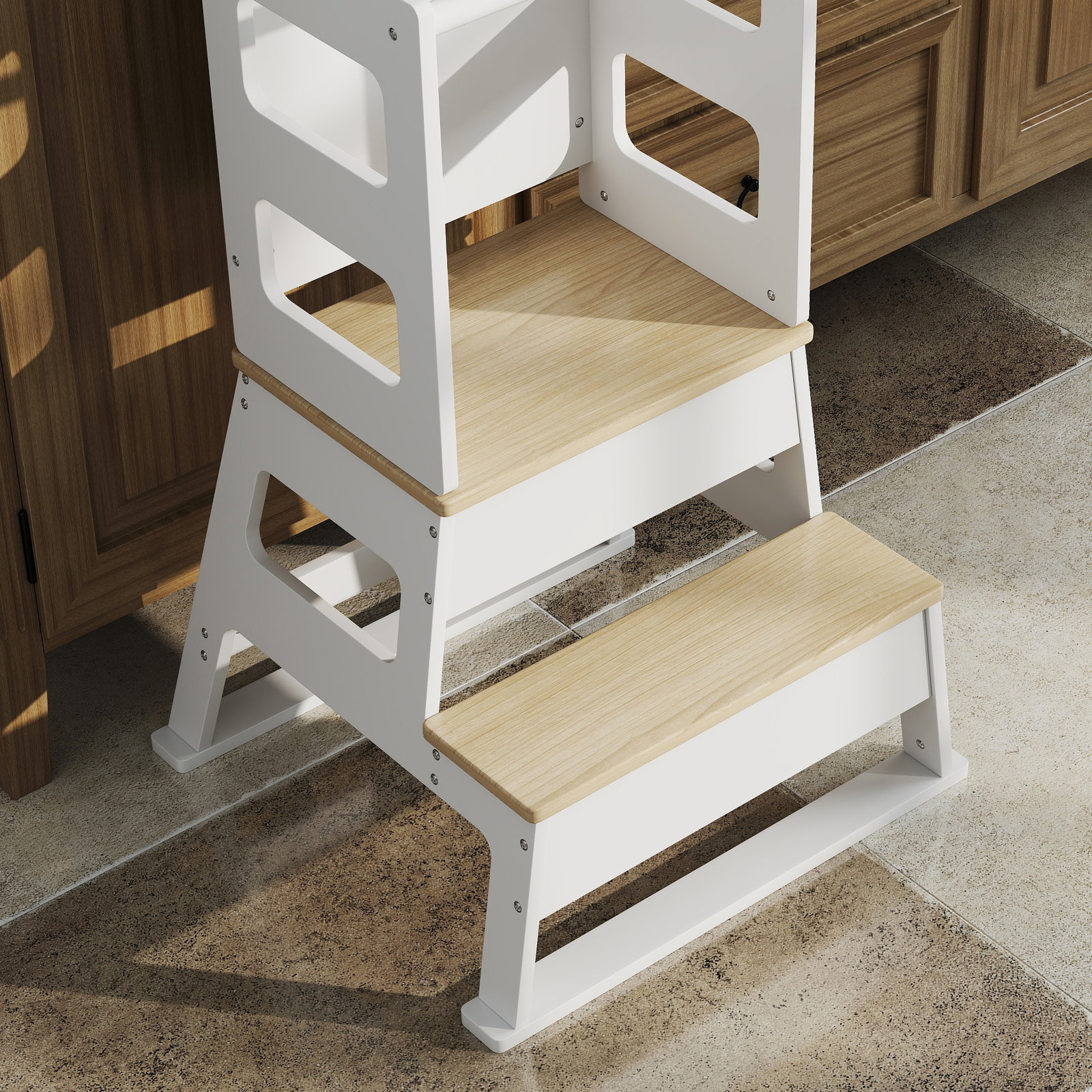 Torre de aprendizagem para crianças dos 3-6 anos com quadro e grade de segurança para cozinha e casa de banho 55x52,5x87,5 cm branco