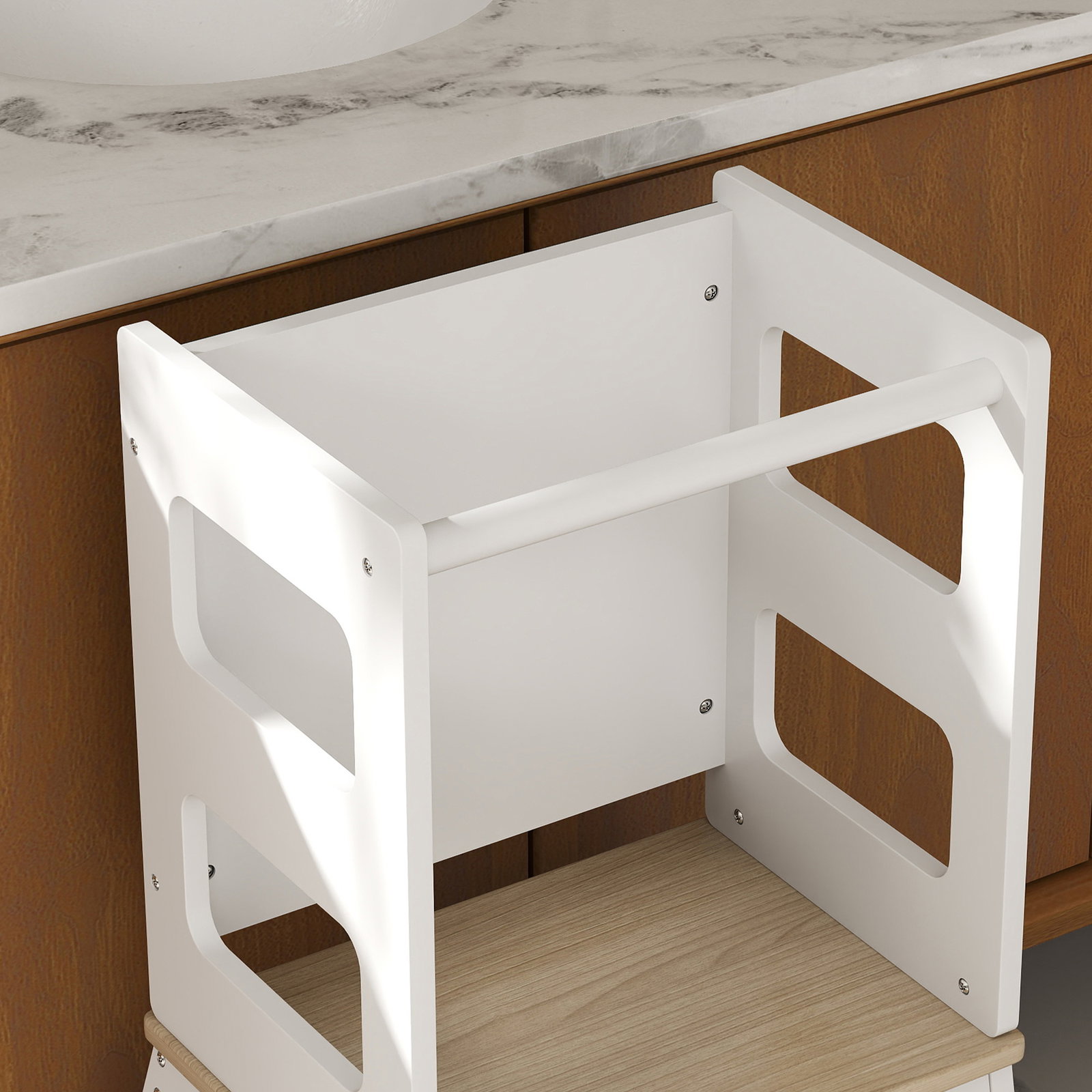 Torre de aprendizagem para crianças dos 3-6 anos com quadro e grade de segurança para cozinha e casa de banho 55x52,5x87,5 cm branco