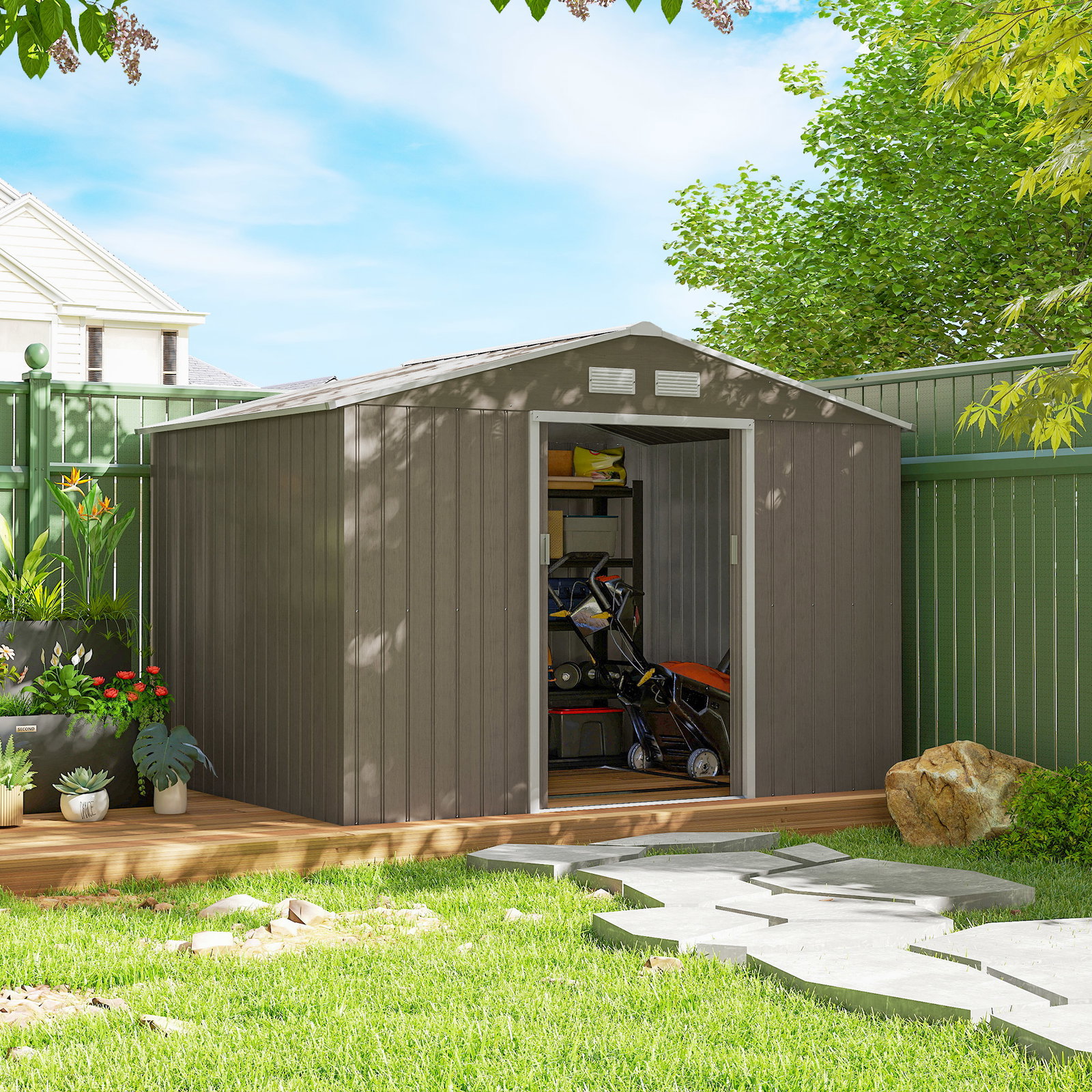 Abrigo de jardim 277x195x192 cm metálico para armazenamento de ferramentas com base de reforço incluída madeira