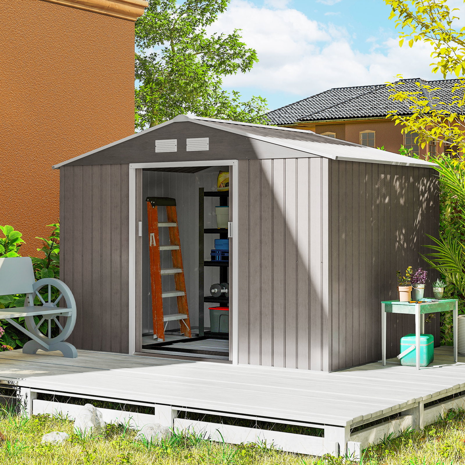 Abrigo de jardim 277x195x192 cm metálico para armazenamento de ferramentas com base de reforço incluída madeira