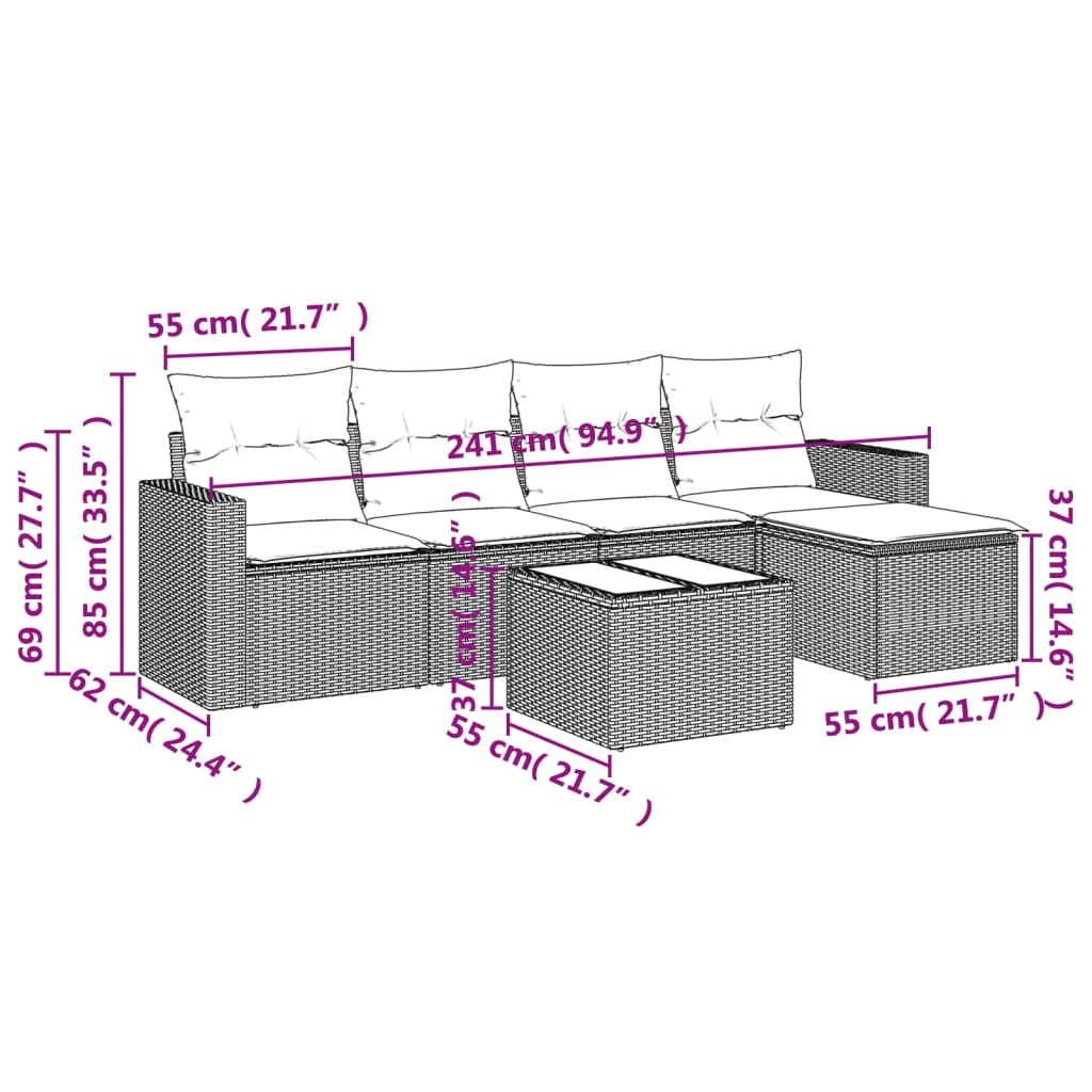 6 Pcs conjunto de sofás p/ jardim com almofadões vime PE bege