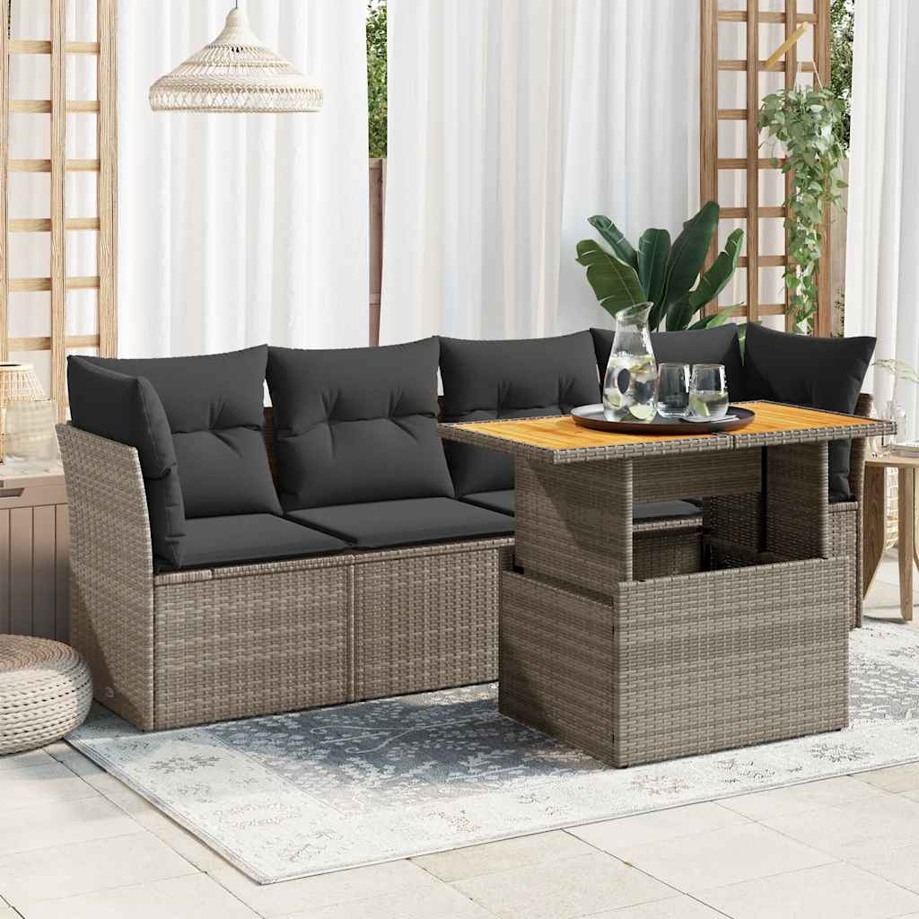 5 Pcs conjunto sofás de jardim c/ almofadões vime PE cinzento