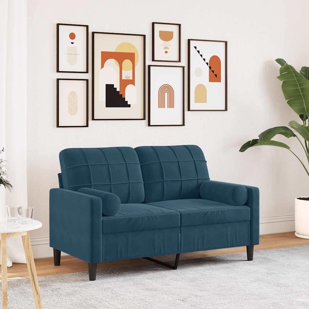 Sofá 2 lugares c/ almofadas decorativas 120 cm veludo azul
