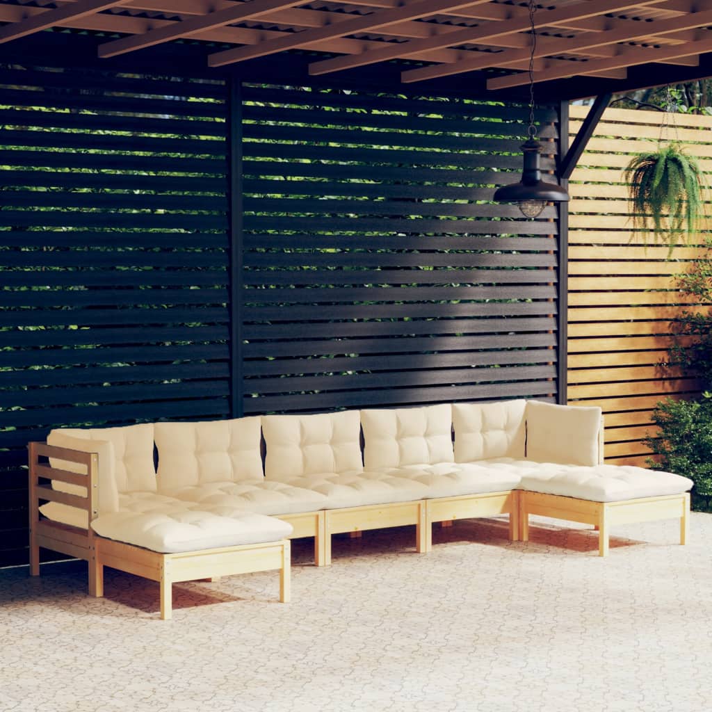 7 Pcs conjunto lounge de jardim c/ almofadões cor creme pinho