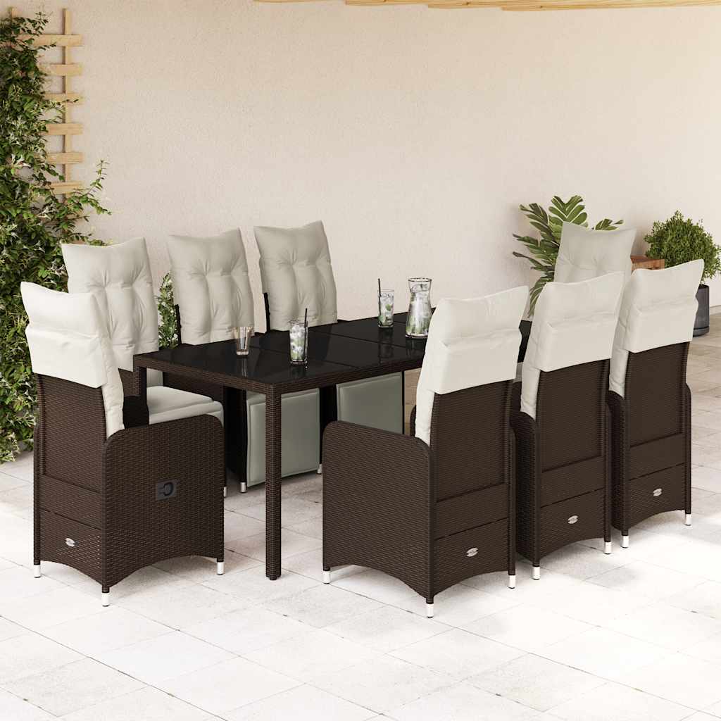 9 Pcs conjunto bistrô de jardim c/ almofadões vime PE castanho