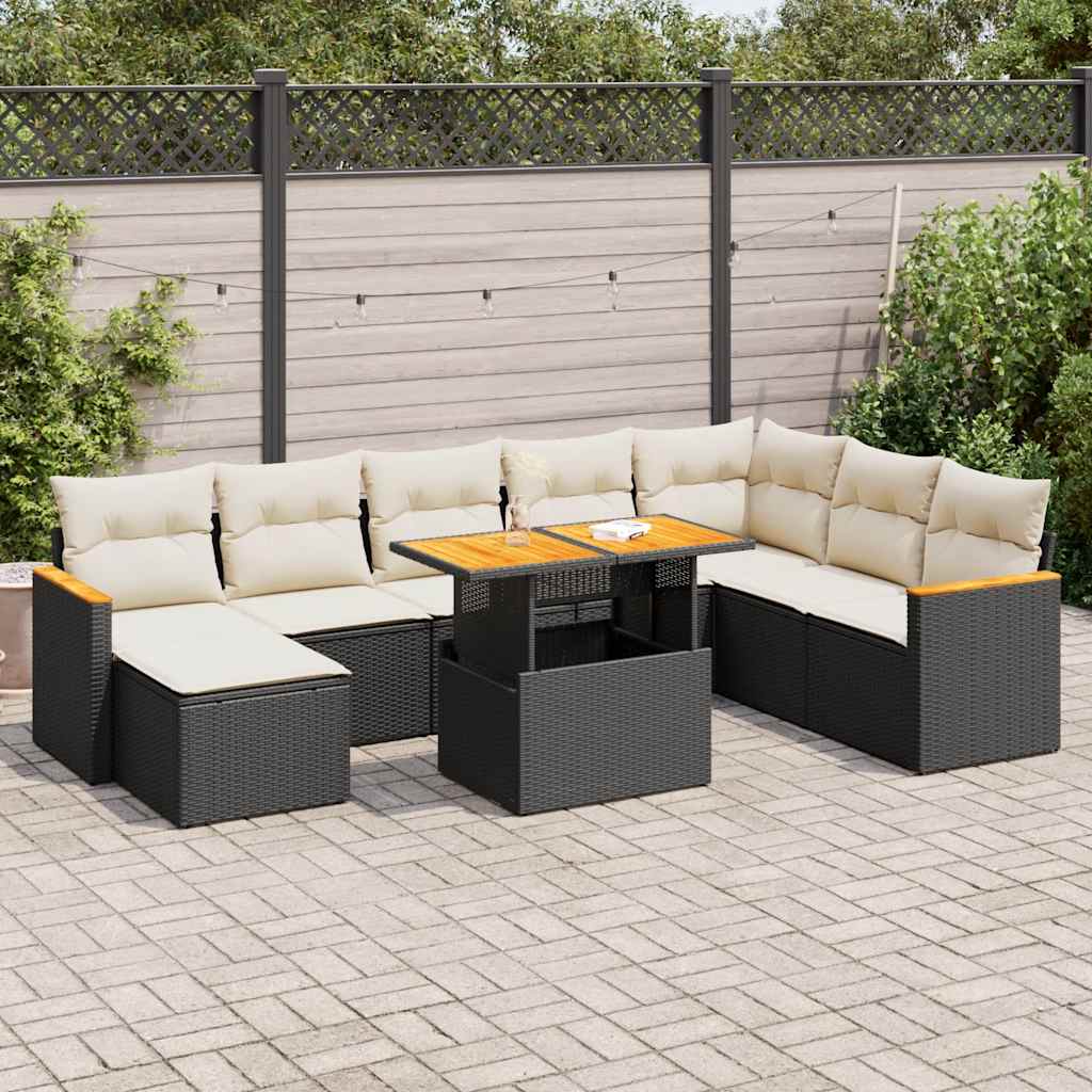 9 Pcs conjunto sofás p/ jardim almofadões vime PE/acácia preto