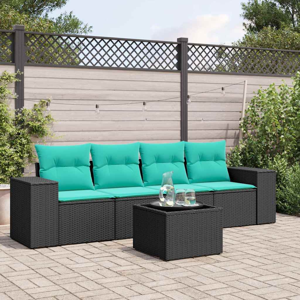 Conjunto de sofá de jardim de 5 peças com almofadas em rattan sintético preto