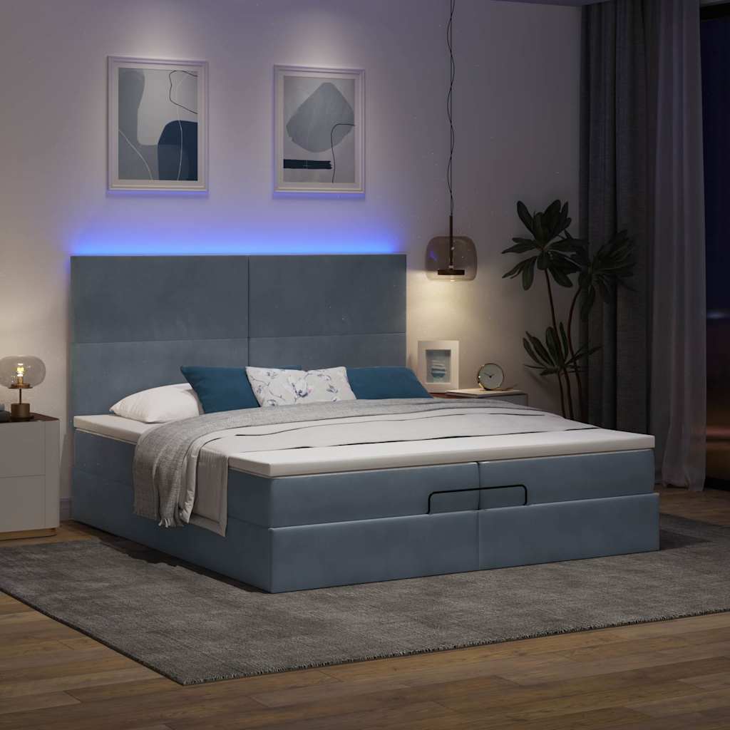 Moldura de cama otomana com colchão cinza escuro veludo