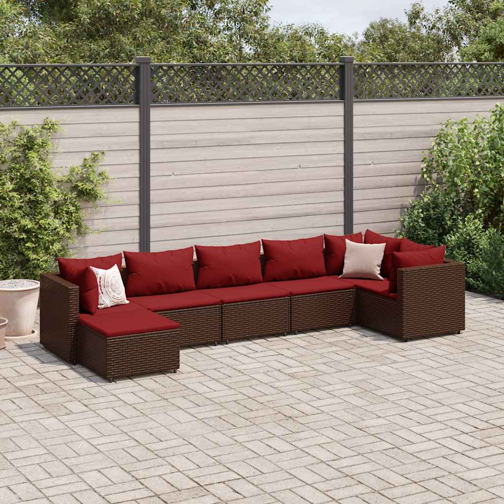 7 Pcs conjunto lounge de jardim c/ almofadões vime PE castanho