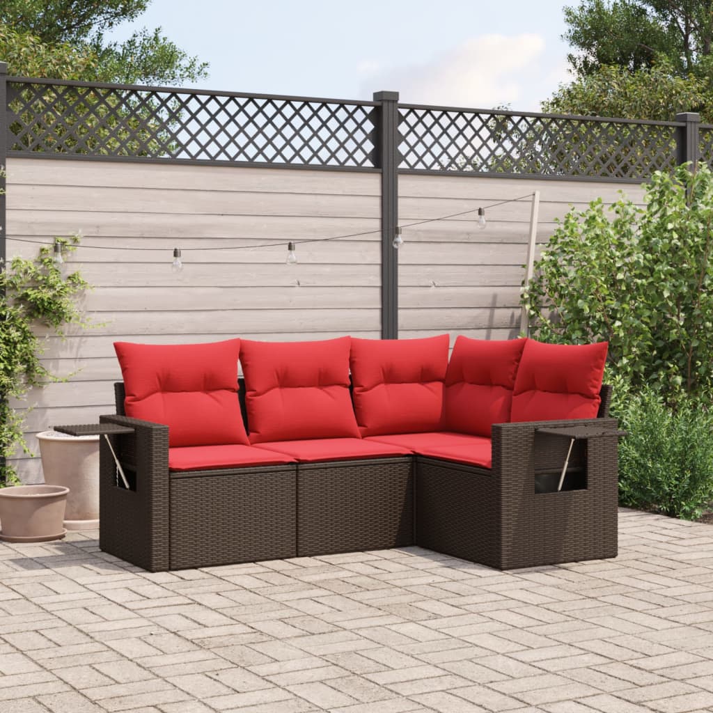 Conjunto de sofá de jardim com 4 peças e almofadas em rattan sintético marrom