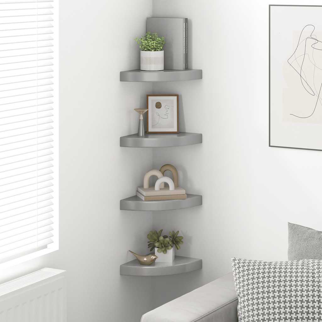 Prateleiras canto suspensas 4 pcs 25x25x3,8cm MDF cinza brilh.
