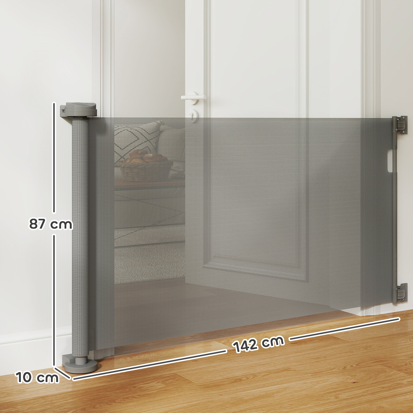Barreira de segurança para cães retrátil 0-136 cm para cães pequenos com botão de fecho cinzento