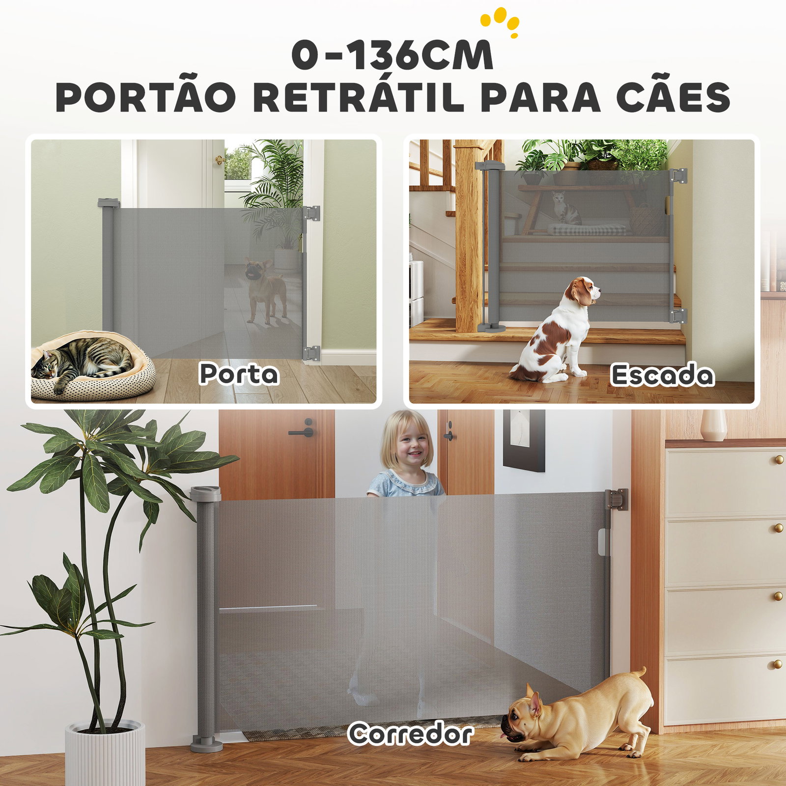 Barreira de segurança para cães retrátil 0-136 cm para cães pequenos com botão de fecho cinzento