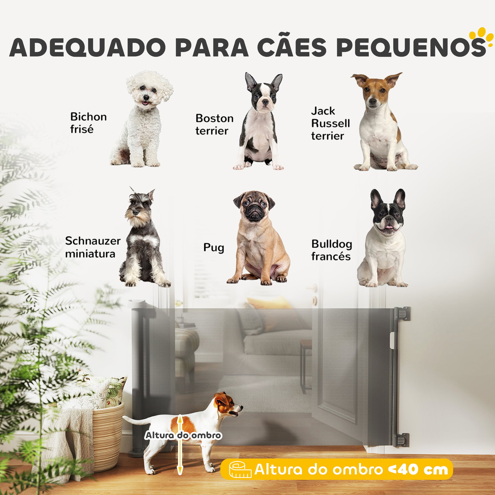 Barreira de segurança para cães retrátil 0-136 cm para cães pequenos com botão de fecho cinzento