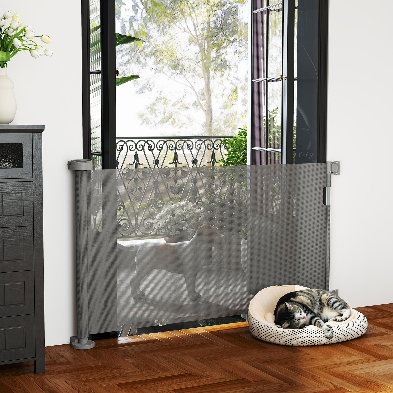Barreira de segurança para cães retrátil 0-136 cm para cães pequenos com botão de fecho cinzento